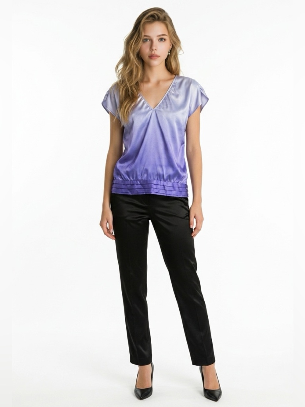 Sydney Tyler Ombre Satin V-Neck Blouse Blue Size 12 Pleated Hem